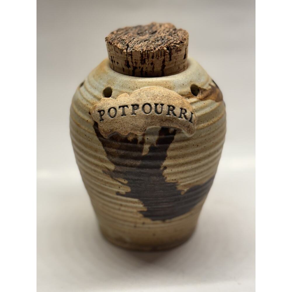 Pottery "POTPOURRI ” Stoneware Jar With Cork Lid By Art Studio Pottery Vintage